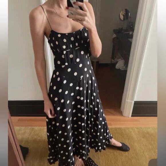 Doen Dresses & Skirts - Doen Rosaria Silk Polka Dot Ruched Bust Midi Maxi Dress Solstice Sky Black